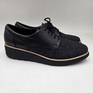 Clarks Womens Sharon Rae Black Lace-Up Leather Lace Up Oxfords Size 8.5 Career